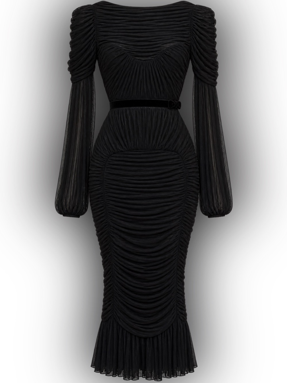 Tom Ford Black Ruched Long-Sleeve Midi Semi-Sheer Silk Tulle Dress